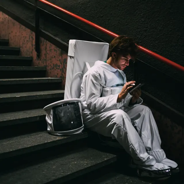An astronaut sitting on a stairway, busy with a tablet