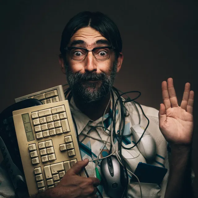 A wide-eyed man hugging an old keyboard, a mouse and a tangle of cables
