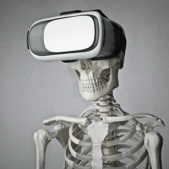 A skeleton wearing a VR headset